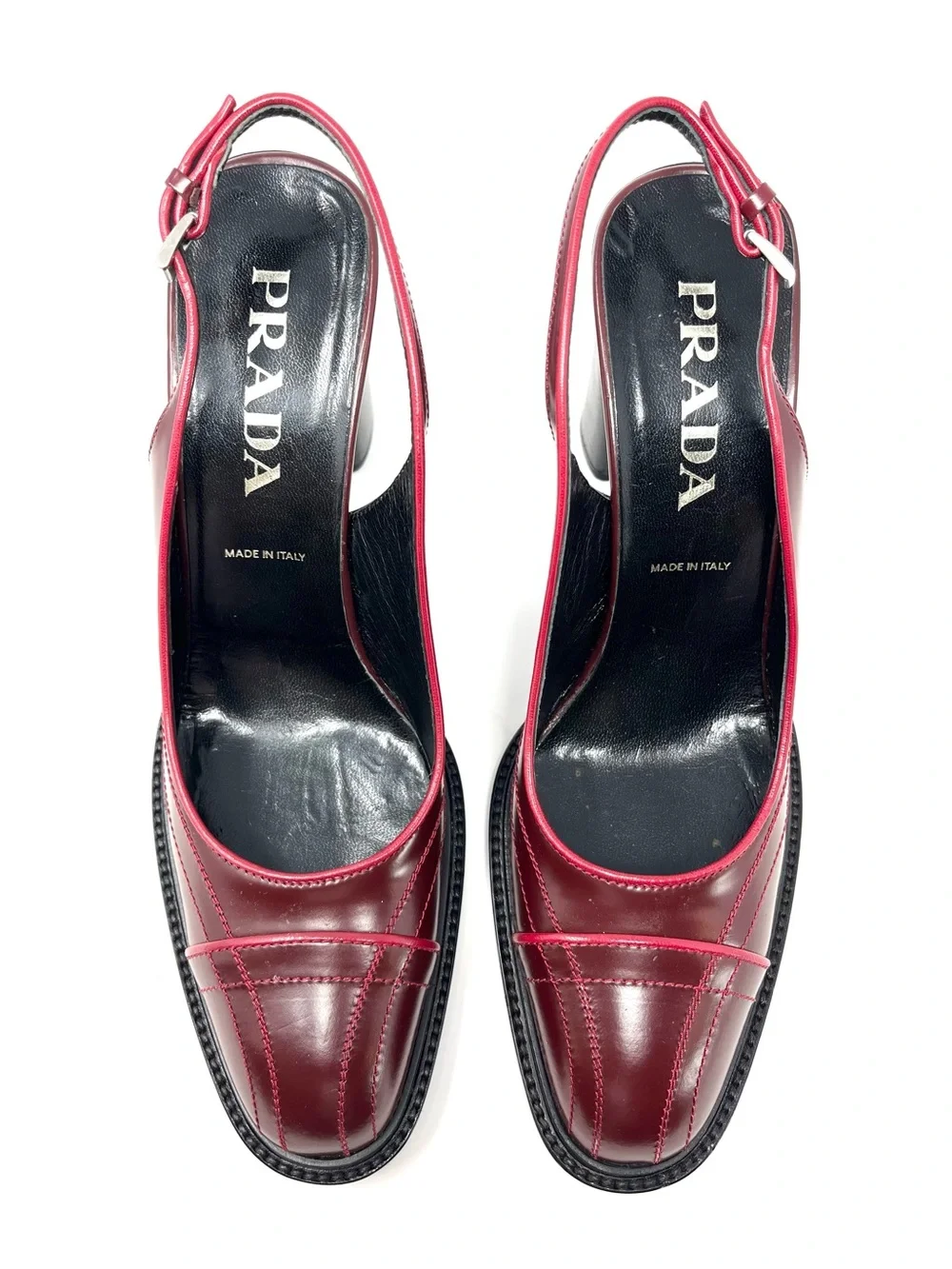 Vintage Vtg Prada 90s Y2K Burgundy Dark Red Leather Slingback Pumps Heels 38.5